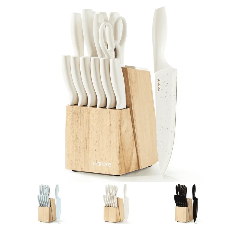 Carote 15-Piece Premium Kitchen Knife Set, White Ceramic-Coated Blades with Stylish Wooden Block | Walmart (US)