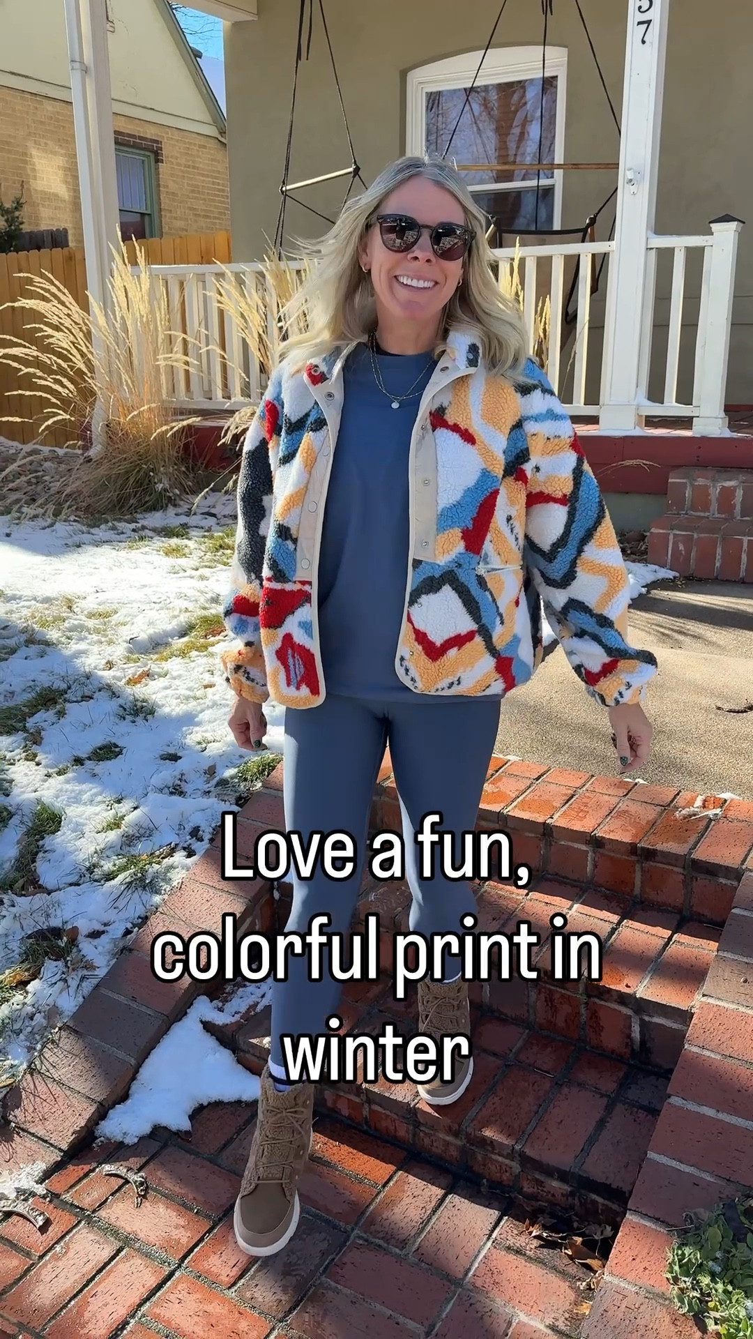 Love this colorful printed fleece with alo leggings and a pullover. Size small leggings and jacket. XS alo shirt. Linked similar sorel boots 

#LTKootd #LTKOver40 #LTKmomlife