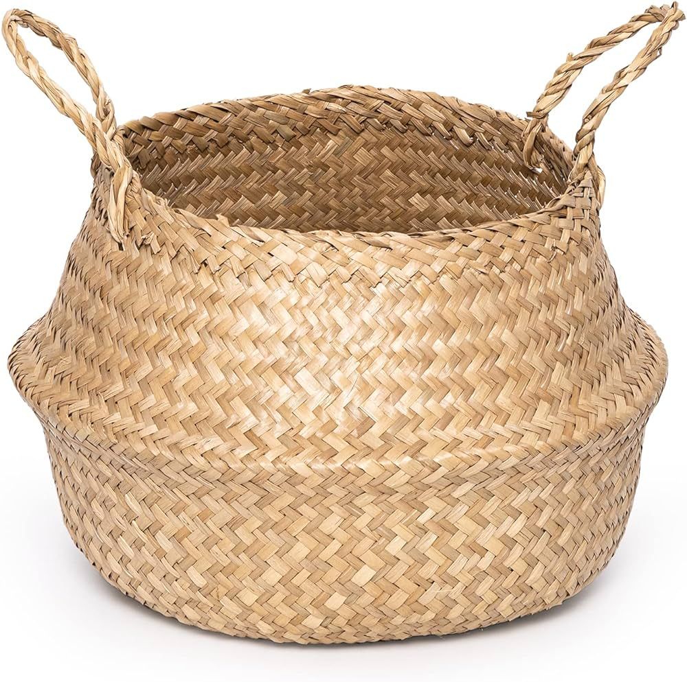 GOODSDECO Seagrass Plant Basket, Seaweed Basket for Plant Pot, Hand Woven Belly Basket with Handl... | Amazon (US)