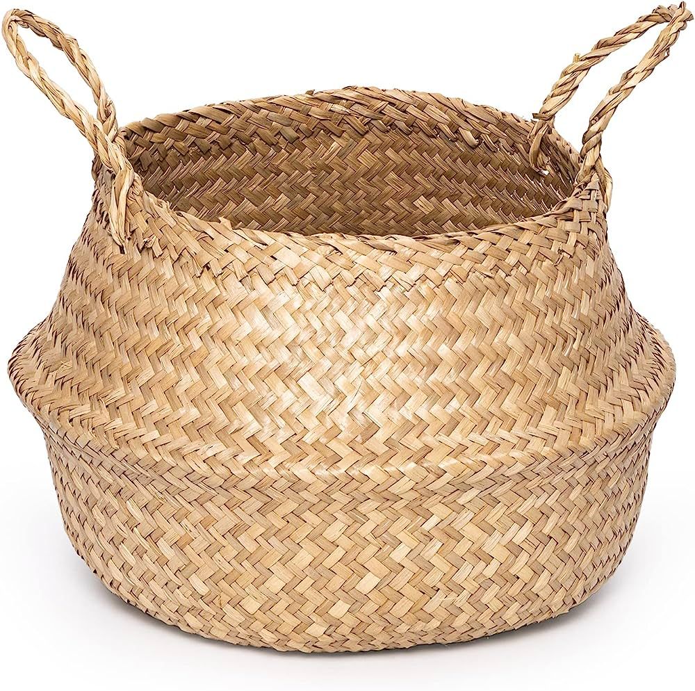 Seagrass Plant Basket, Seaweed Basket for Plant Pot, Hand Woven Belly Basket with Handles for Lau... | Amazon (US)