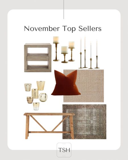 Top sellers, vintage rug, farmhouse console table, nightstand, candleholders 