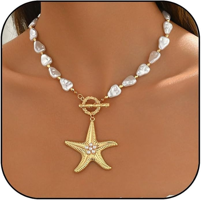 Chunky Gold Starfish Necklace for Women Big Gold Starfish Shell Pendant Necklace Dainty Baroque P... | Amazon (US)