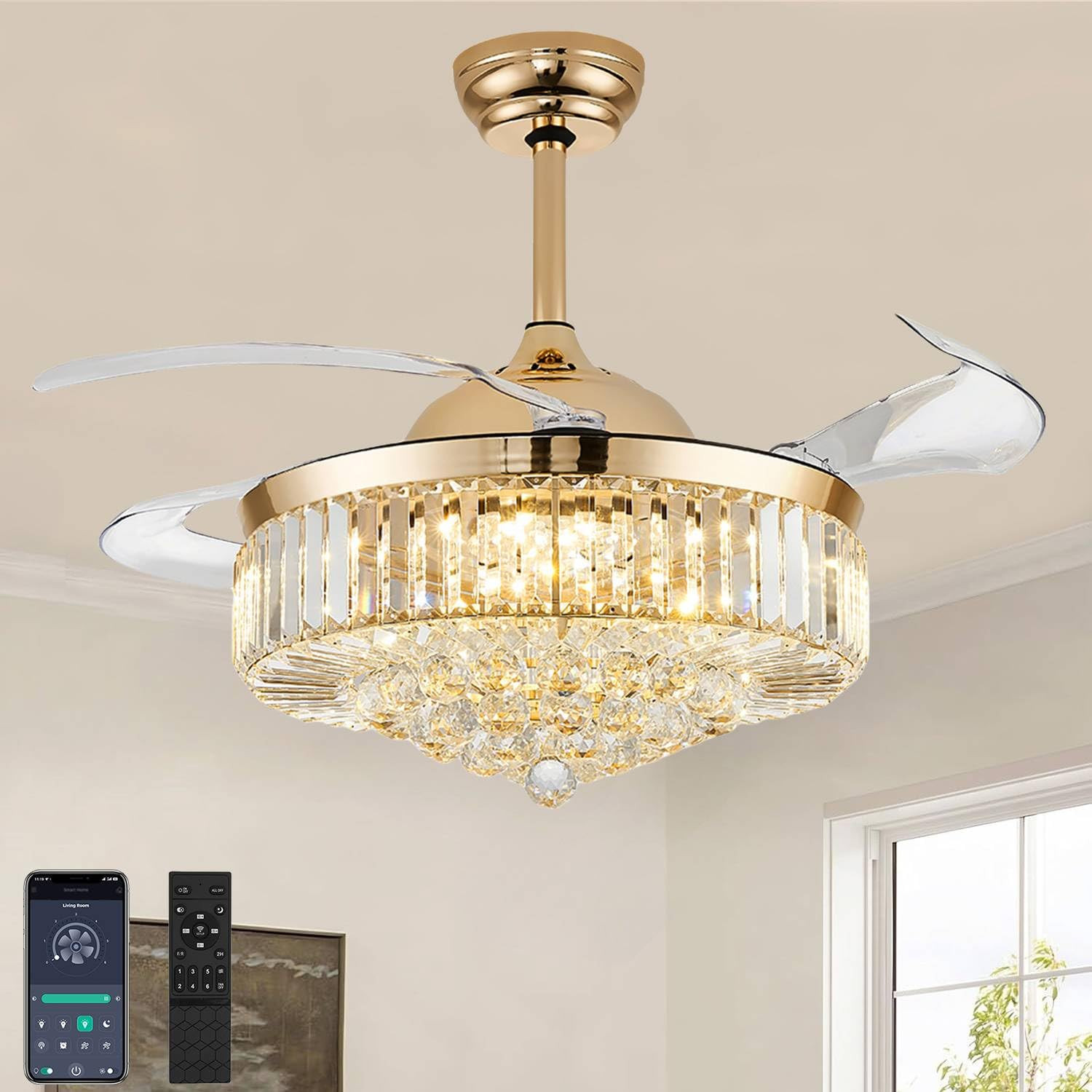 42'' Fandelier Ceiling Fan with Light, Chandelier Fan for Bedroom Living Room, LED Dimmable, 6 Wi... | Amazon (US)