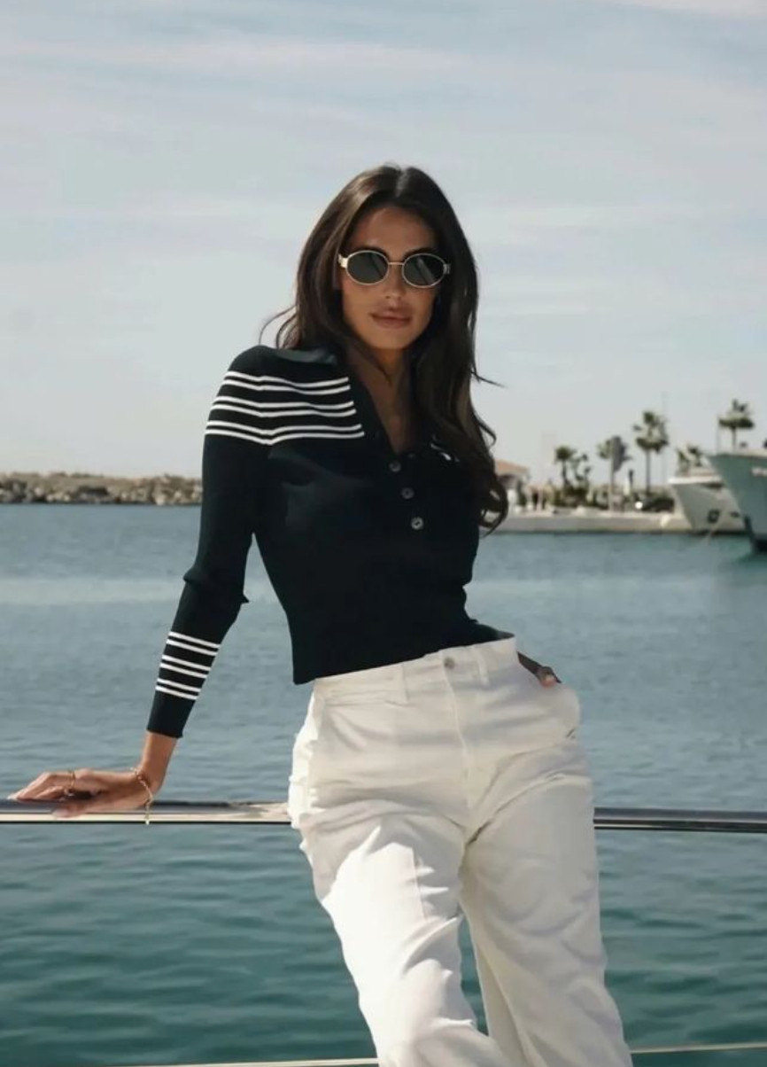 Black and white outfit featuring a striped knit top and white pants, perfect for elevated everyday style and effortless chic outfit ideas.
Style tip: stick to a neutral color palette for versatility, balance fitted and tailored pieces for a flattering shape, and add simple accessories like sunglasses to complete a polished, put-together look. 

 #LTKootd