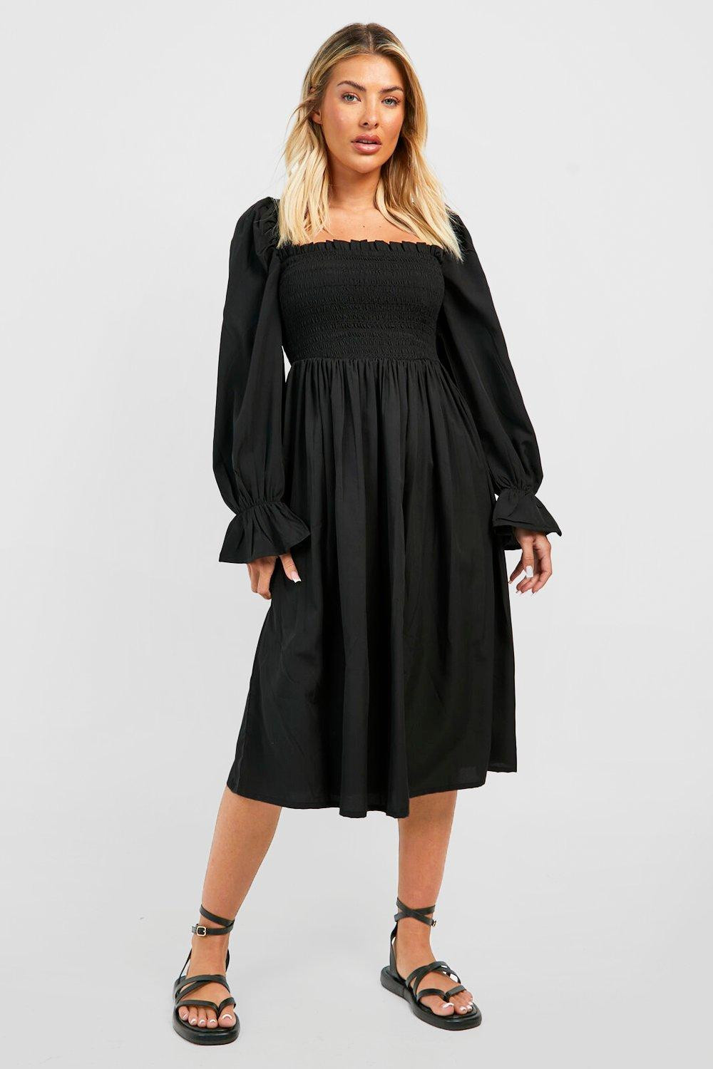 Womens Puff Sleeve Shirred Midi Dress - Black - 18 | Boohoo.com (US & CA)