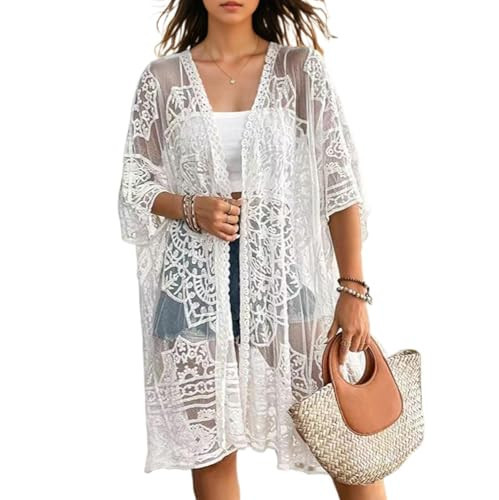 Women's Floral Mesh Short Sleeve Beach Lace Kimono Summer Swimwear Cover Up White | Amazon (US)