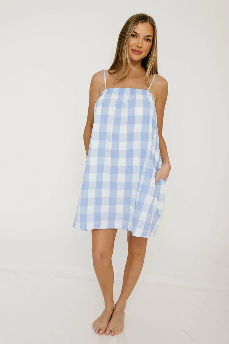 Kaitlyn Plaid Cami Mini Dress in Sky/White | Worth Collective