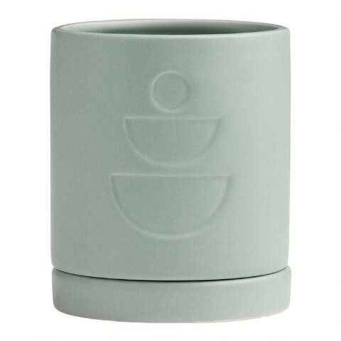 Matte Teal Ceramic Geo Planter With Tray | World Market