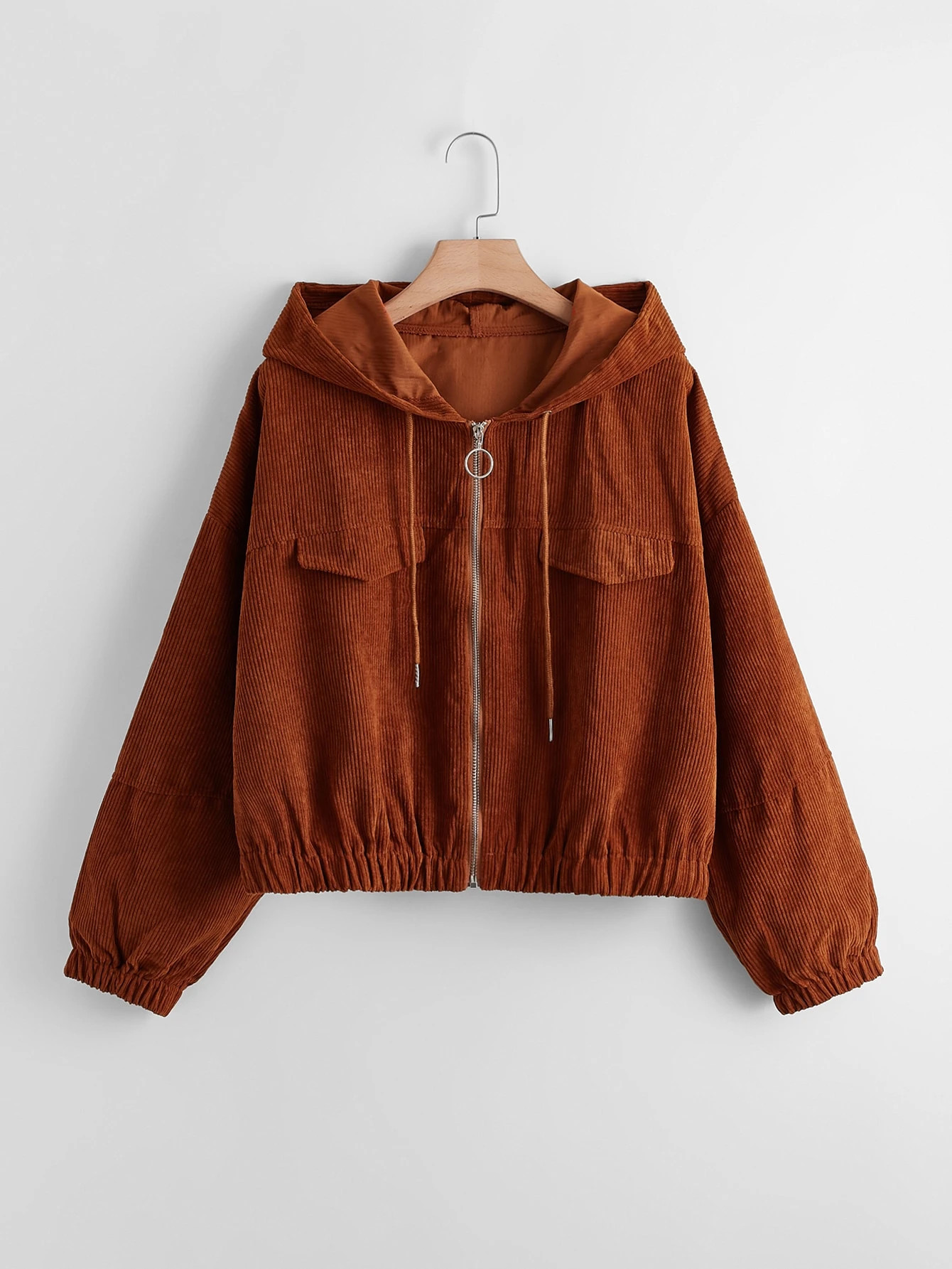 Plus Corduroy O-Ring Zip-Up Drawstring Hood Jacket | SHEIN