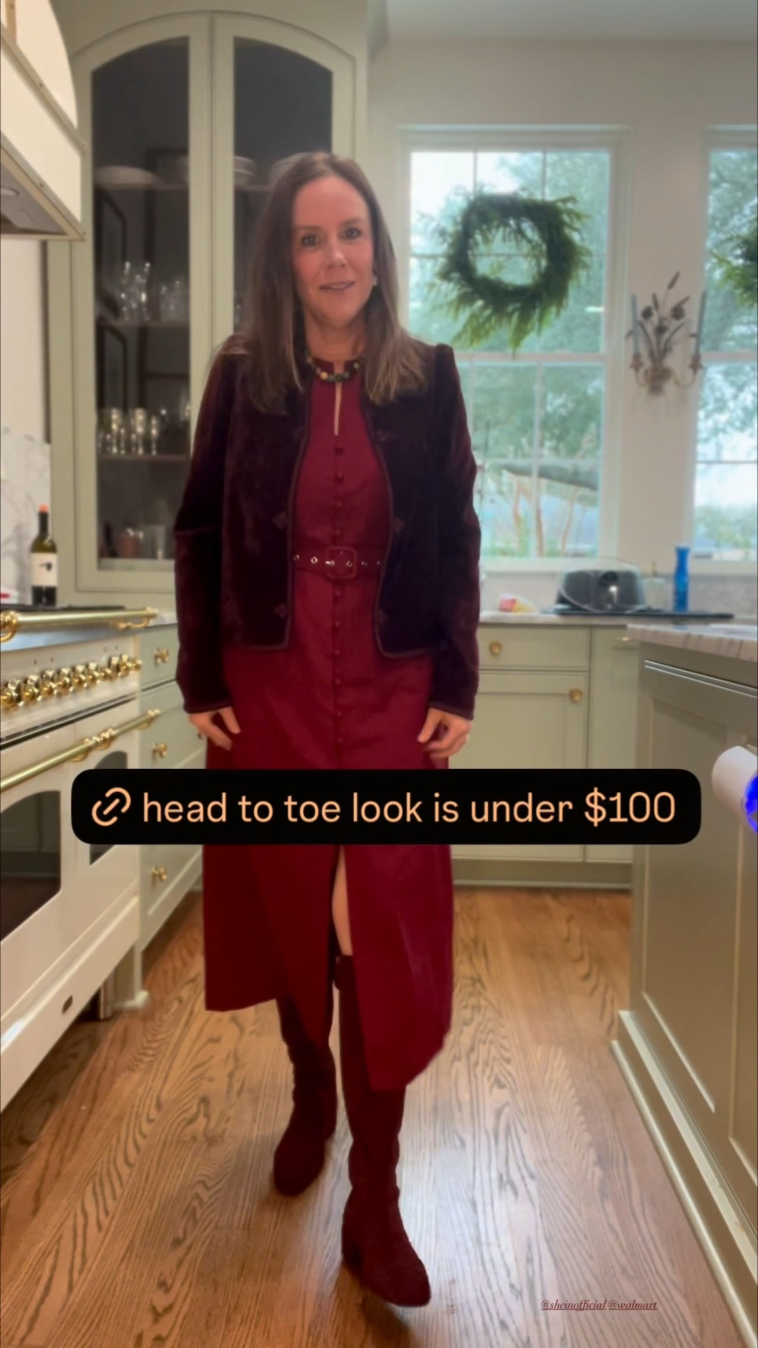 Head-to-toe tonal moment for under $100… yes please. 😍✨
This burgundy / oxblood outfit came together so beautifully — the Walmart tall boots are shockingly good, the Shein dress is insanely flattering, and this velvet jacket with the cutest little buttons might be my favorite layer right now.

It’s rich, warm, a little festive, and the whole look feels way more expensive than the $90 total. Budget-friendly luxe at its best.

#LTKHoliday #LTKgrwm #LTKootd