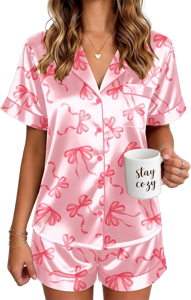 Ekouaer Satin Pajamas for Women Silk Pjs Short Set 2 Piece Button Up Lounge Sets Short Sleeve Sle... | Amazon (US)
