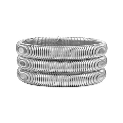 RINTOLER Silver Bangles for Women - 18K Gold Plated Stainless Steel Chunky Stretch Bracelets Stackable Flexible Wide Wristband Snake Link Chain Bracelets Set. (10mm - 3pc silver bangle) | Amazon (US)