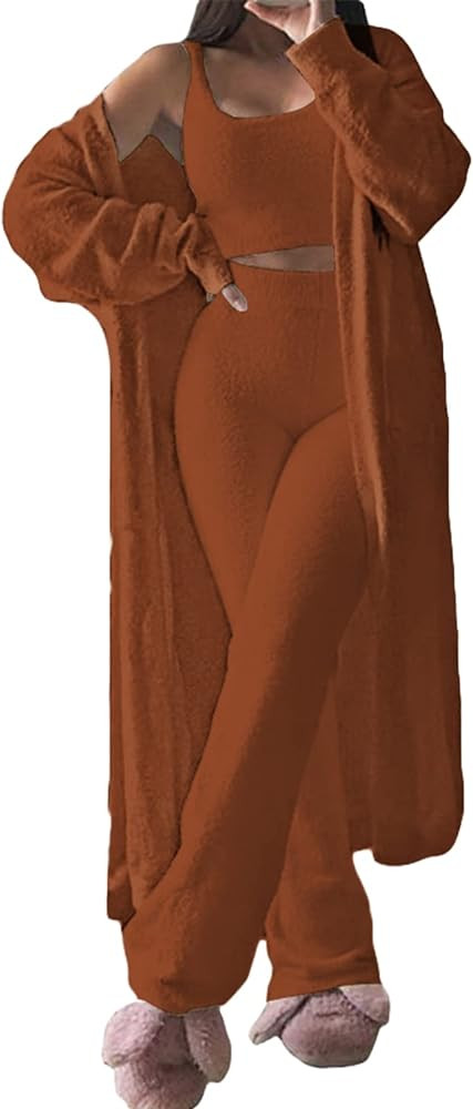 Fixmatti Women's Fuzzy 3 Piece Sweatsuit Open Front Cardigan Crop Tank Tops Wide Legs Pants Loung... | Amazon (US)