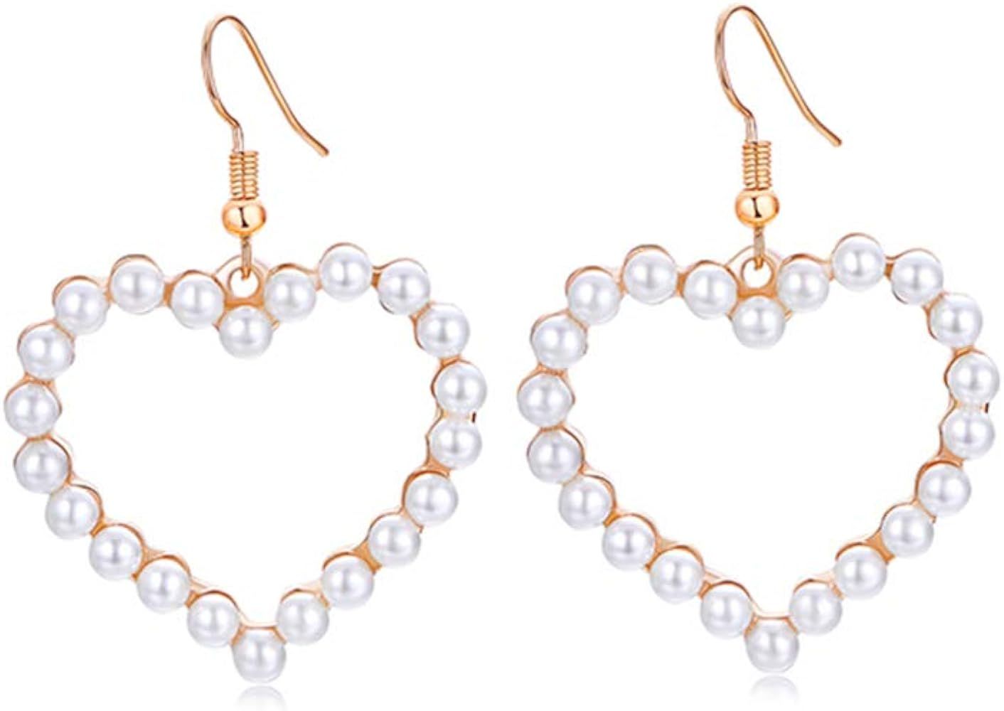 Rakumi Heart Pearl Earrings 4mm White Seashell Pearl Dangle Earrings | Amazon (US)