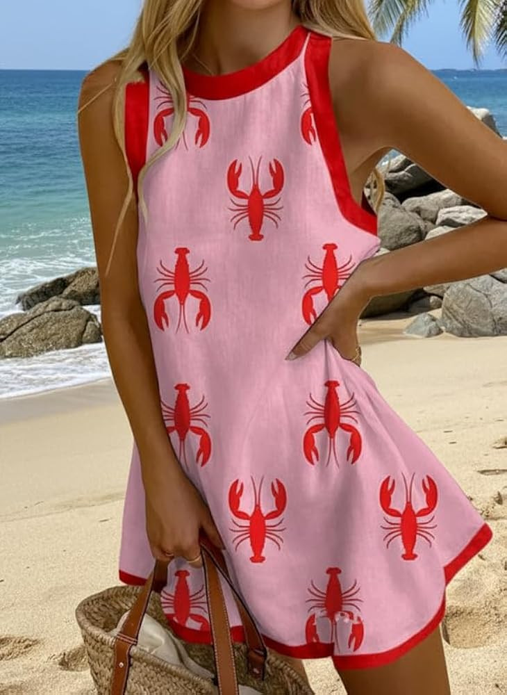 Petite Dresses for Women Cute Lobster Fish Print Crewneck Sleeveless Beach Vacation Mini Tank Dress | Amazon (US)