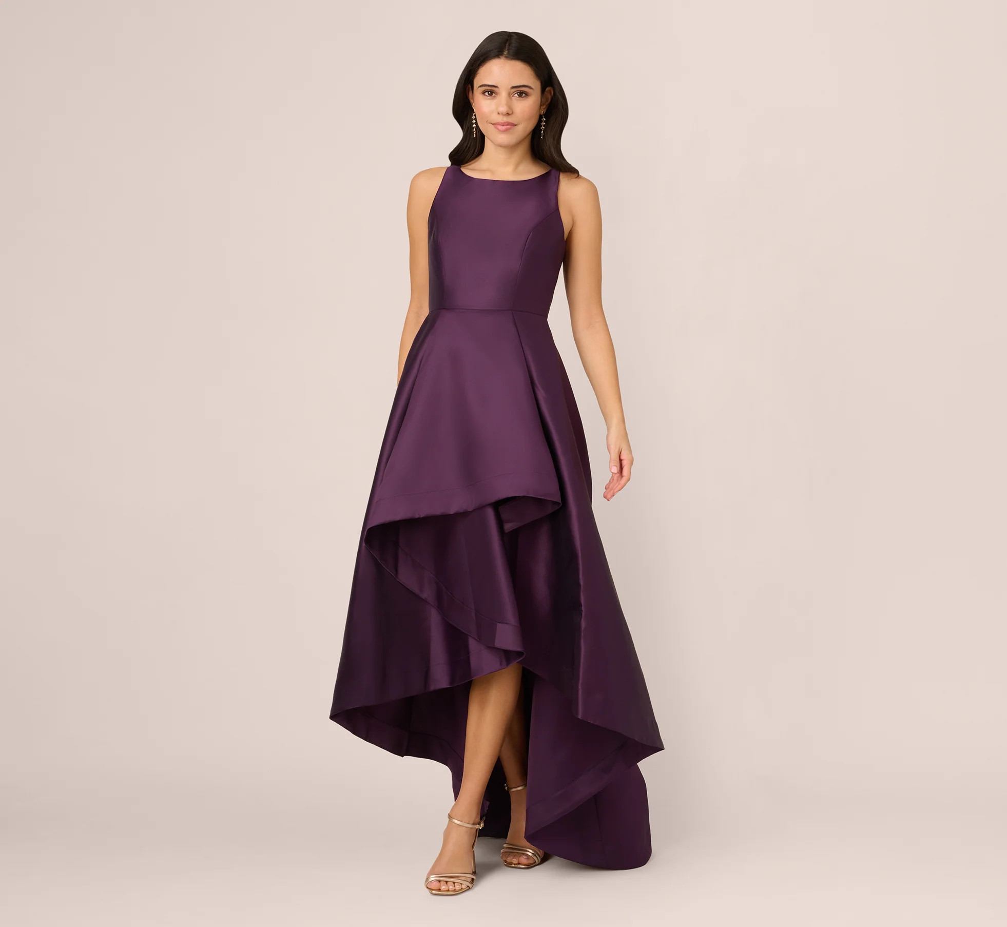 High Low Mikado Gown With Asymmetrical Detail In Luxe Plum | Adrianna Papell