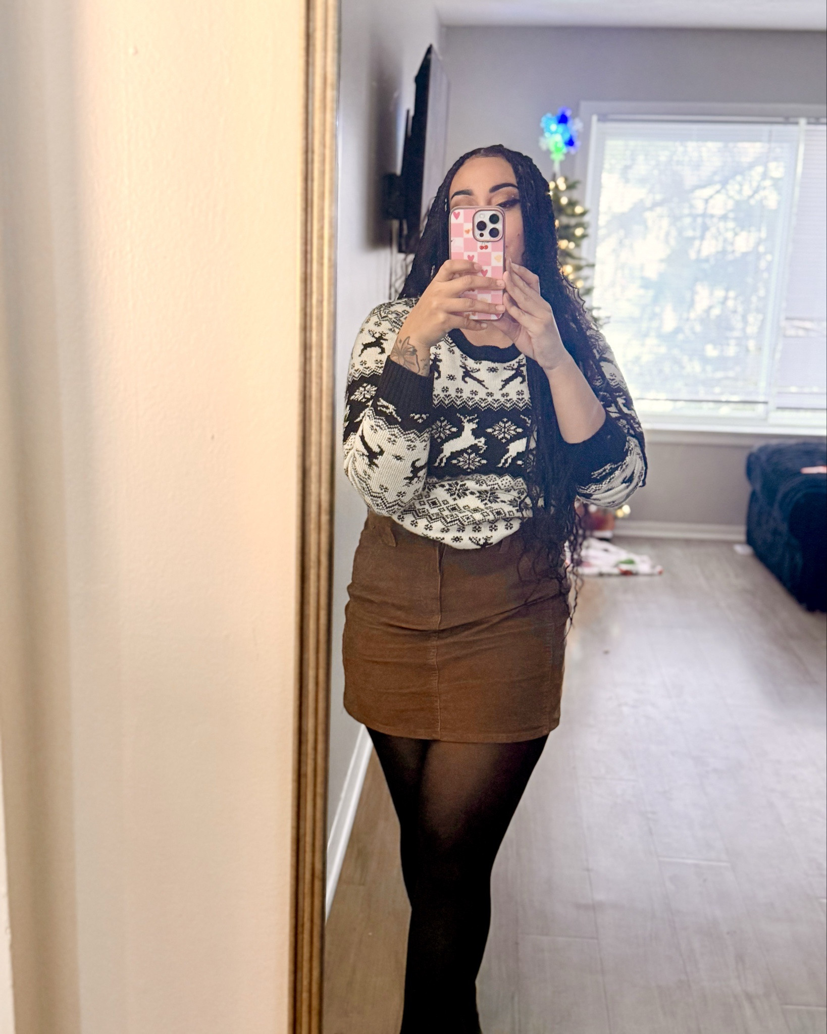 Absolutely in love with this outfit. 
Linked all the items.  The sweater is from F21 RIP F21. I’ll link one close as possible ! The skirt I got $3 on clearance at Walmart .

 #falloutfit #winterootd #skirtswithtights 

#LTKFindsUnder50 #LTKHoliday #LTKootd