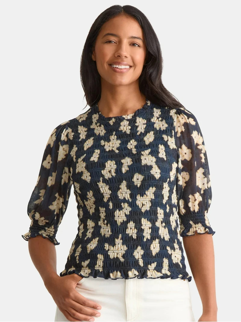 Time and Tru Women's Smocked Mesh Top, Sizes XS-XXXL | Walmart (US)