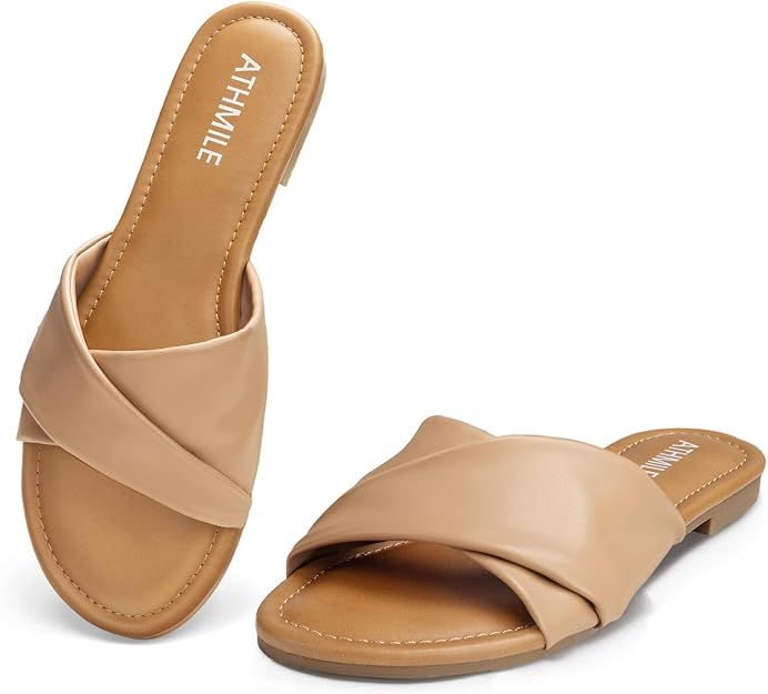 ATHMILE Sandals Women Dressy Summer Flat Comfortable Fashion Beach Cute Ladies Slides Leather Cas... | Amazon (US)