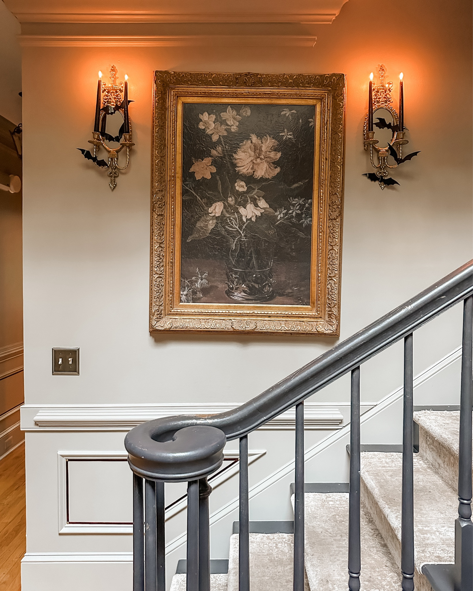 A little Southern Gothic touch for Halloween — bats, black candles, and a moody floral moment 🕯️🥀🦇
I added the bats and swapped in dark taper candles to make these vintage sconces feel festive for spooky season. These drip red to look like vampires blood 🩸 

Linking the art print, candles, bats, and similar sconces if you want to recreate this look.

#LTKhome #LTKfall #HalloweenDecorIdeas #MoodyHomeStyle #CottageWitchAesthetic #VintageHomeDecor #FallStyling

#LTKHome #LTKSeasonal #LTKHalloween