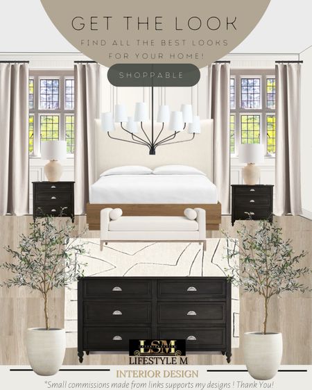 Bedroom Design Inspiration. Recreate this look with these home furniture and decor pieces. Wood upholstered bed, black dresser, black nightstand, bedroom rug, white tree planter pot, bed room bench, table lamp, bedroom chandelier, curtains, faux fake tree, wood floor tile.  

#LTKFind #LTKhome #LTKstyletip