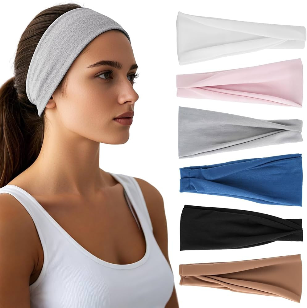 Headbands for Women - 6 Pack Wide Elastic Hair Bands | Stretchy Sweatbands Hair Bands | Soft Spor... | Amazon (US)