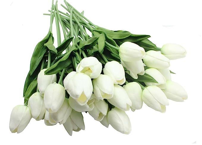 ALIERSA 10-Heads Home Deocr Tulip Real Touch Tulips Artificial Flowers Bouquets (White) | Amazon (US)