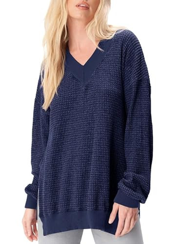 Dokotoo Womens Tops Long Sleeve Oversized T-Shirts Waffle Knit Shirt V Neck Casual Blouses Tunic ... | Amazon (US)