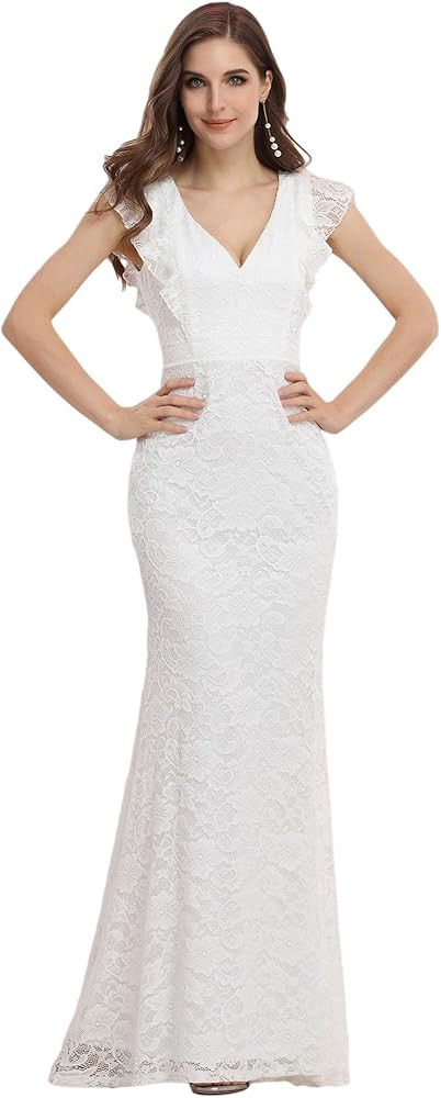 Ever-Pretty V Neck Lace Mermaid Dress Maxi Simple Wedding Dresses for Women 0204 | Amazon (US)