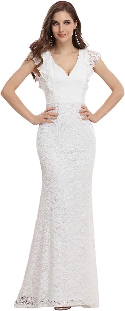 Ever-Pretty V Neck Lace Mermaid Dress Maxi Simple Wedding Dresses for Women 0204 | Amazon (US)