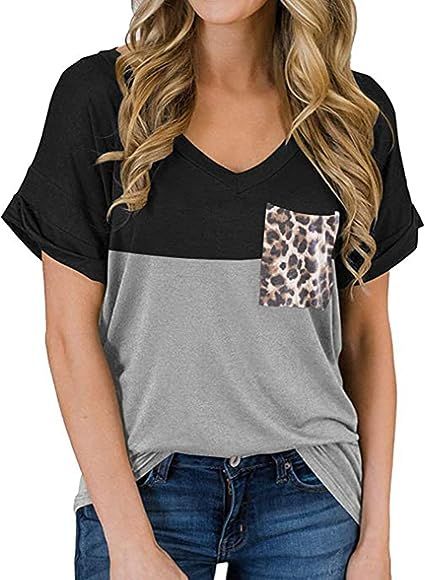 RULINJU Women's Short Sleeve T Shirts V-Neck Tunic Tops Loose Casual Tees Front Leopard Pocket | Amazon (US)