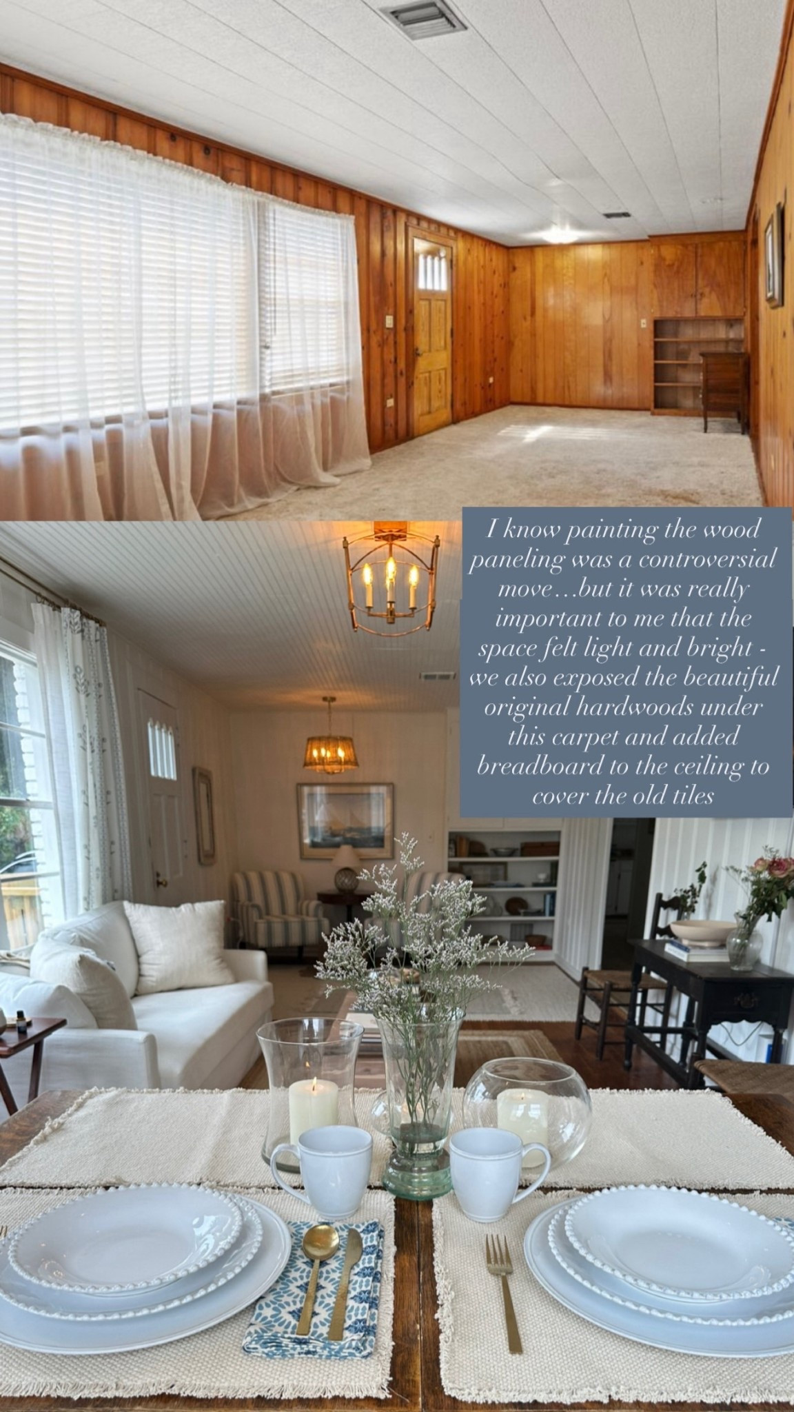 I know painting the wood paneling was a controversial move, but it was really important to me that the space felt light and bright. We also exposed the original hardwoods under the carpet and added beadboard to the ceiling to cover the old tiles 

#LTKstorytime #LTKHome #LTKvlog