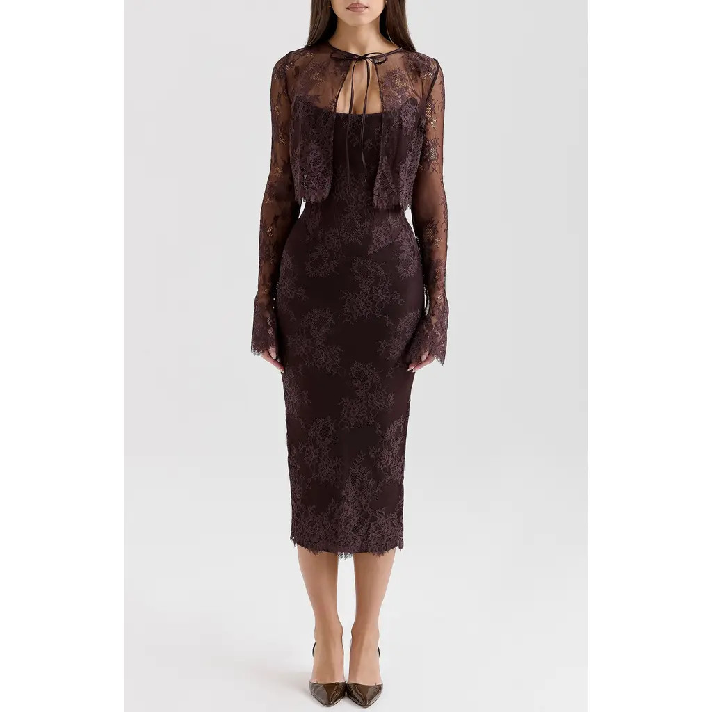 HOUSE OF CB Larra Lace Tie Neck Long Sleeve Midi Dress & Bolero Jacket in Chocolate Plum at Nordstrom, Size X-Large | Nordstrom