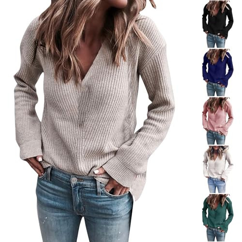Oversized V Neck Sweaters for Women Long Sleeve Shirts Blouses Winter Knit Sweater Jackets Loose Fitting Tops Vneck Sweaters for Women Plus Size V Neck Sweatshirt Women | Amazon (US)
