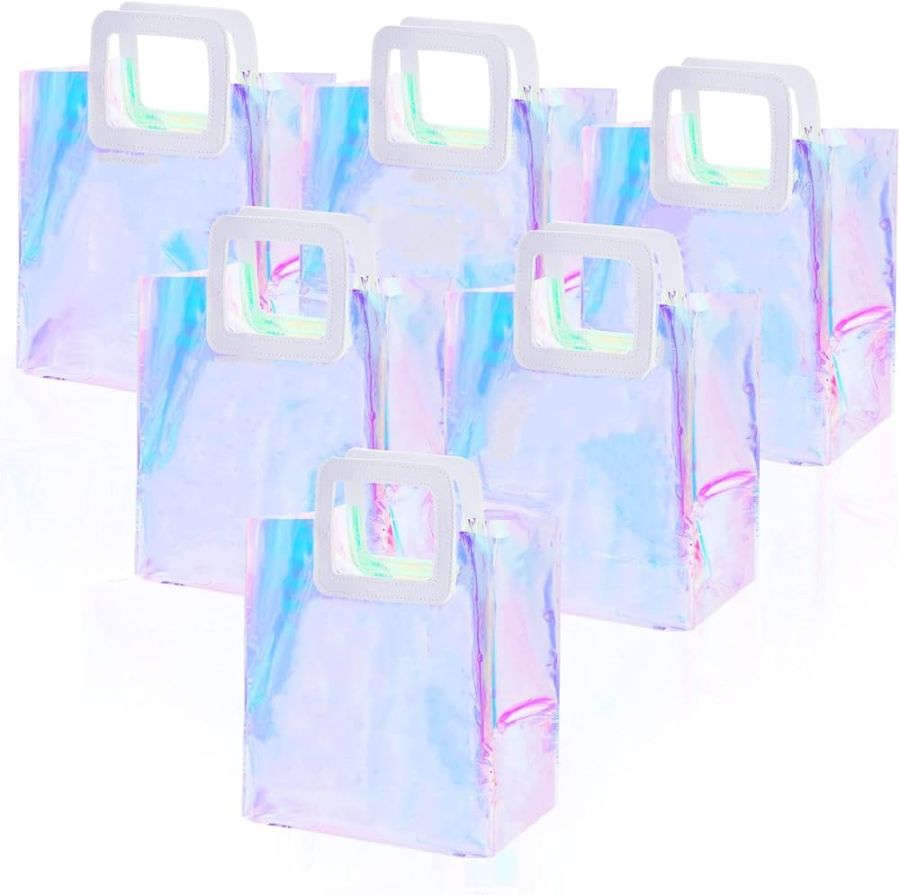 6pcs Clear Iridescent Reusable Gift Bag Holographic Bag Large Tote Bags Handbag Gift Wrap Bags Pv... | Amazon (US)