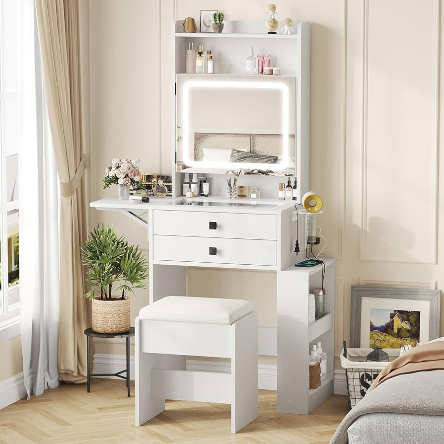 Vabches Small Makeup Vanity Desk with 3 Adjustable Lighted Mirror, White Vanity Set with Fold-up ... | Amazon (US)