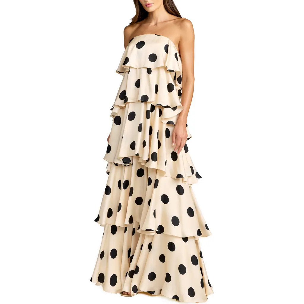 Mac Duggal Strapless Polka Dot Charmeuse Ruffle Gown in Cream Black at Nordstrom, Size 4 | Nordstrom