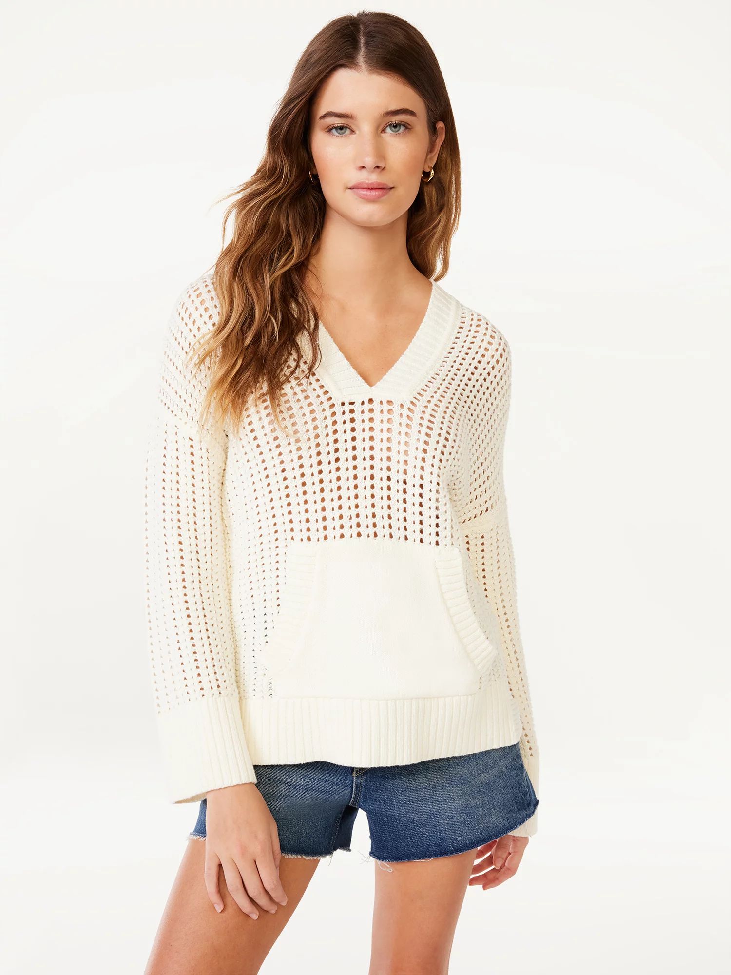 Free Assembly Women's Crochet Sweater Hoodie with Kangaroo Pocket | Walmart (US)