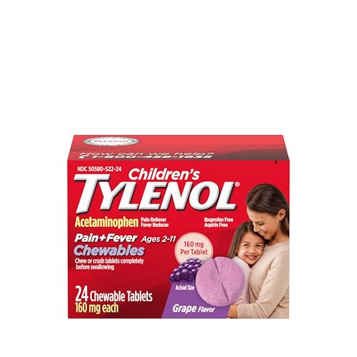 Children's Tylenol Chewables with 160 mg Acetaminophen, Pain Reliever & Fever Reducer for Kids' Cold + Flu Symptoms, Headache, Sore Throat & Toothache, Aspirin-Free, Grape Flavor, 24 ct | Amazon (US)