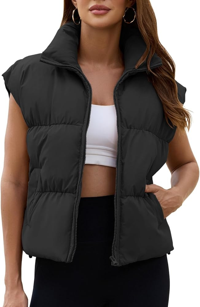 Womens Cropped Puffer Vest Oversized Winter Sleeveless Zip Up Padded Jacket Outerwear Water-Resis... | Amazon (US)