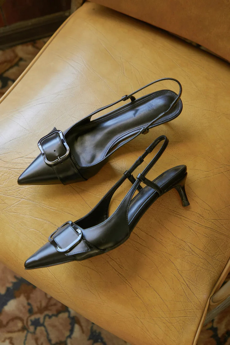 Gwenneth Black Buckle Pointed-Toe Kitten Heel Slingback Pumps | Lulus (US)