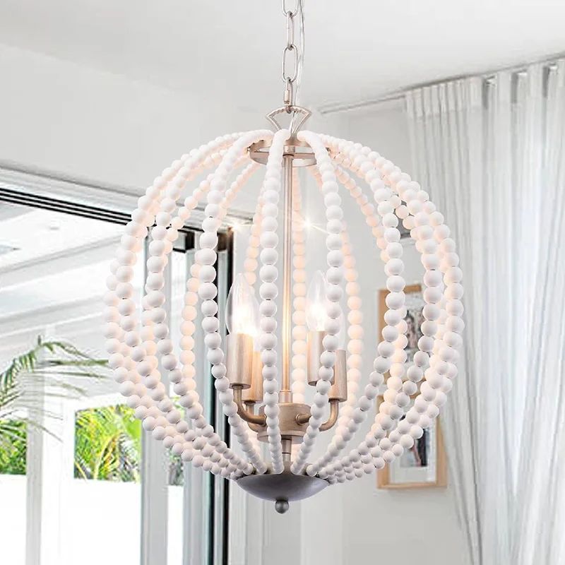 Boho Wood Beaded Pendant Light Candle Style Globe Chandelier White Finishing For Bedroom, Kitchen... | Wayfair North America