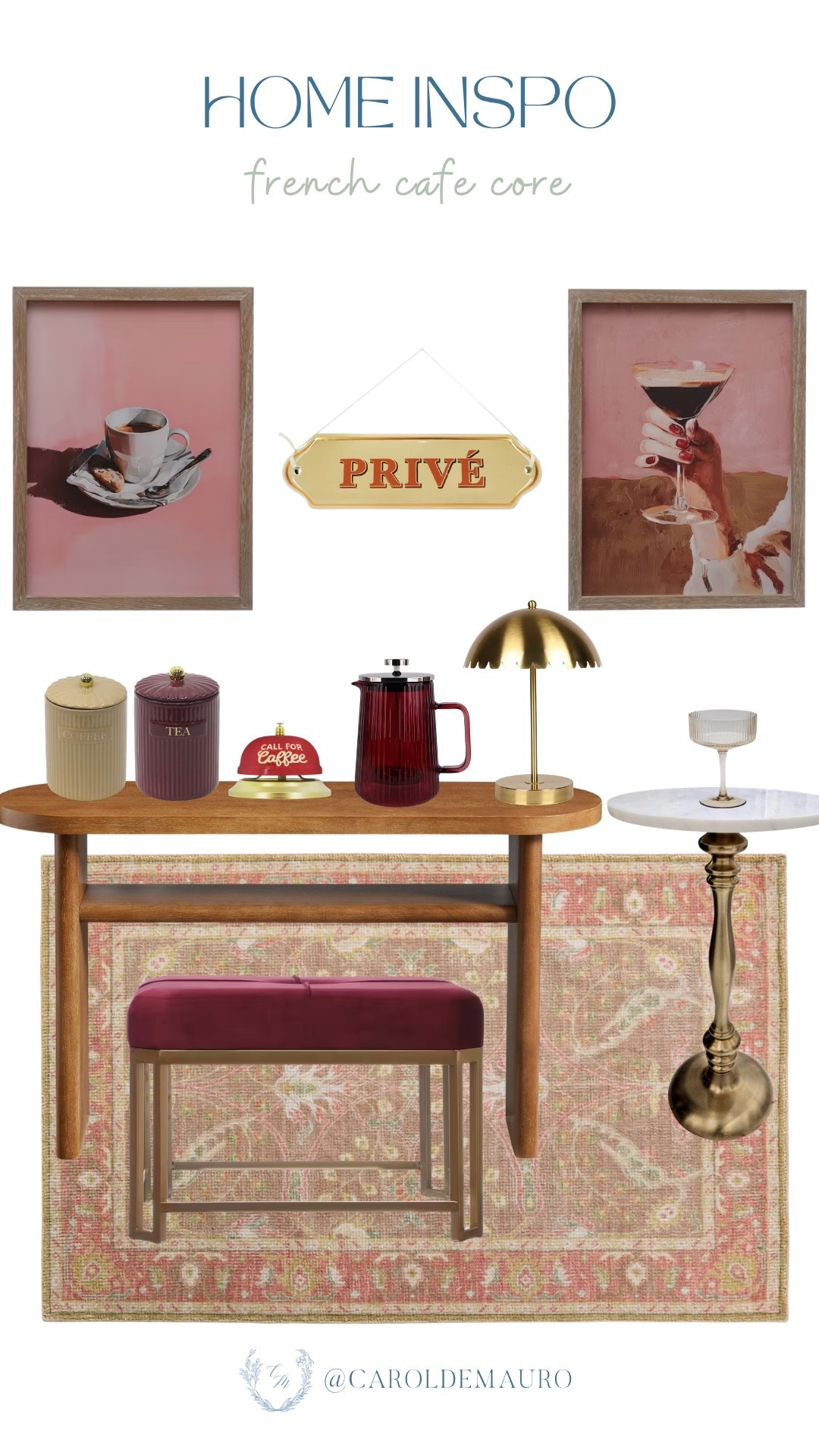 Want the effortless charm of a Parisian bistro in your own space? Style this warm wood console table with a burgundy velvet ottoman and a vintage-inspired rug. Finish the French cafe look with a brass mushroom lamp, a fluted red French press, and those cute "Prive" and "Call for Coffee" details!

parisian home, vintage aesthetic, bistro decor, moody vintage design, burgundy and brass, cozy corner inspo, european summer, antique style

#LTKSeasonal #LTKU #LTKHome