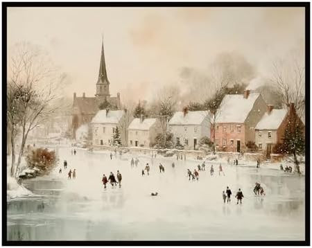 jeecalart Vintage Winter Cityscape Wall Art – Neutral Christmas Ice Skating Print – Rustic Wi... | Amazon (US)