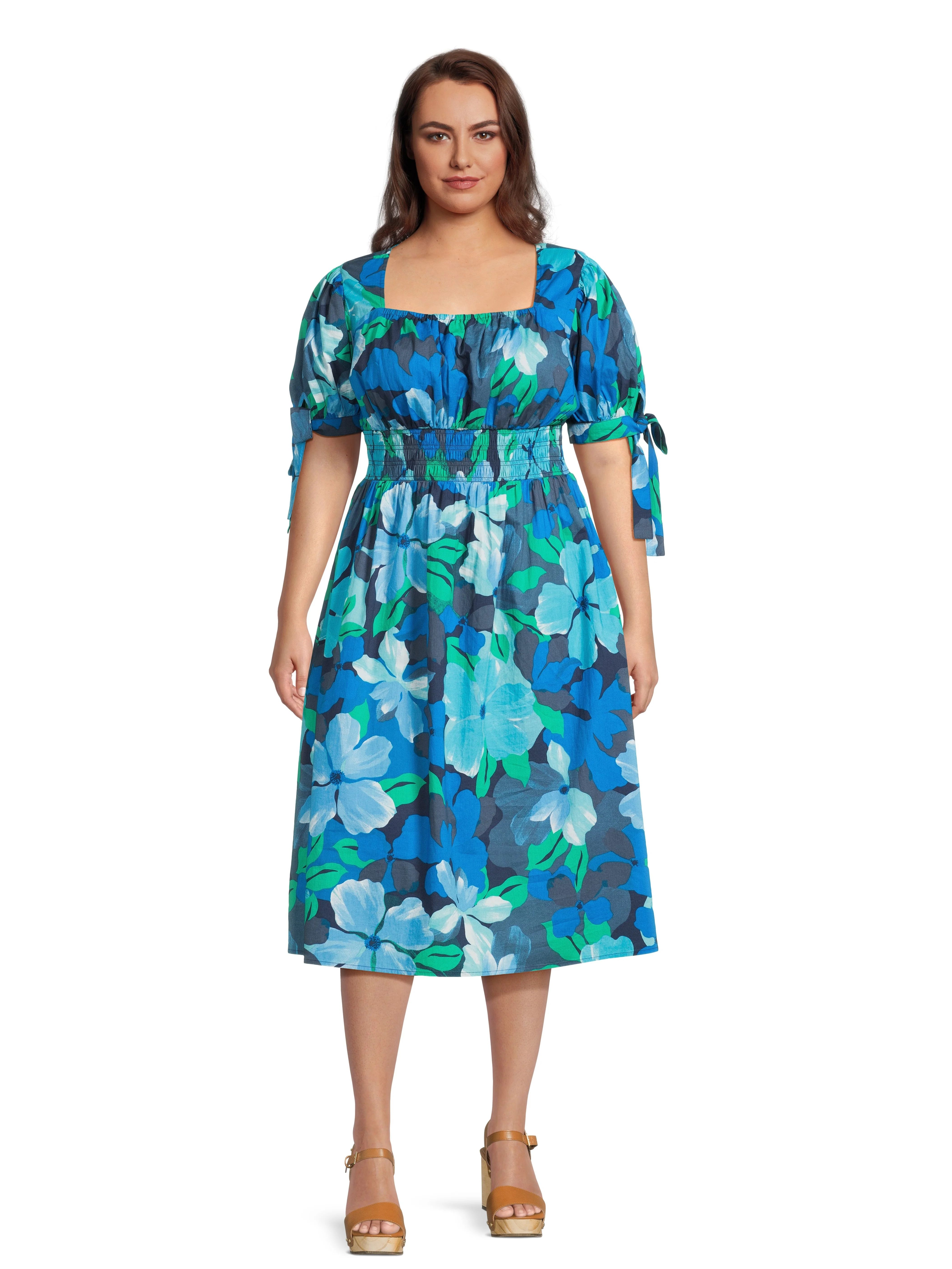 Terra & Sky Women's Plus Size Cotton Smocked Waist Dress with Short Sleeves, Sizes 0X-5X | Walmart (US)