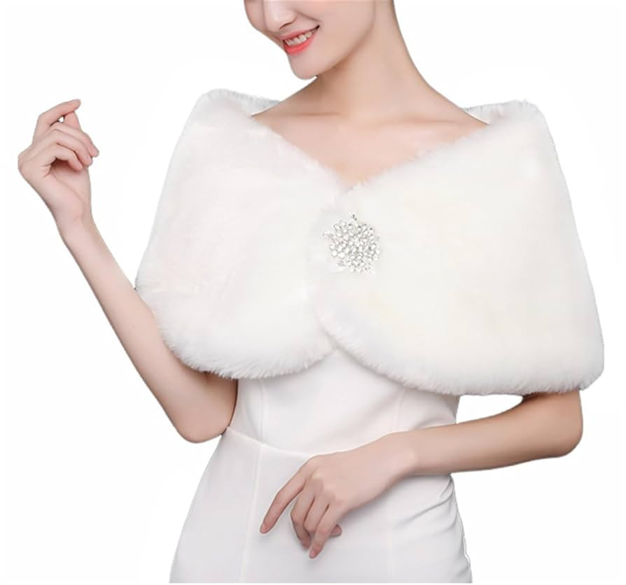 Women's Wedding Faux Fur Wraps and Shawls Winter Shrug with Brooch for Brides Bridesmaids White | Amazon (US)
