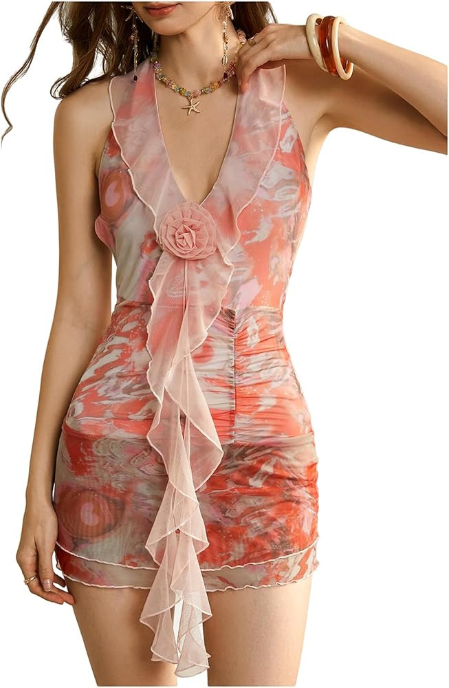 Floerns Women's Summer Mini Dress Ruffle Trim Deep V Neck Halter Floral Mesh Vacation Dresses | Amazon (US)