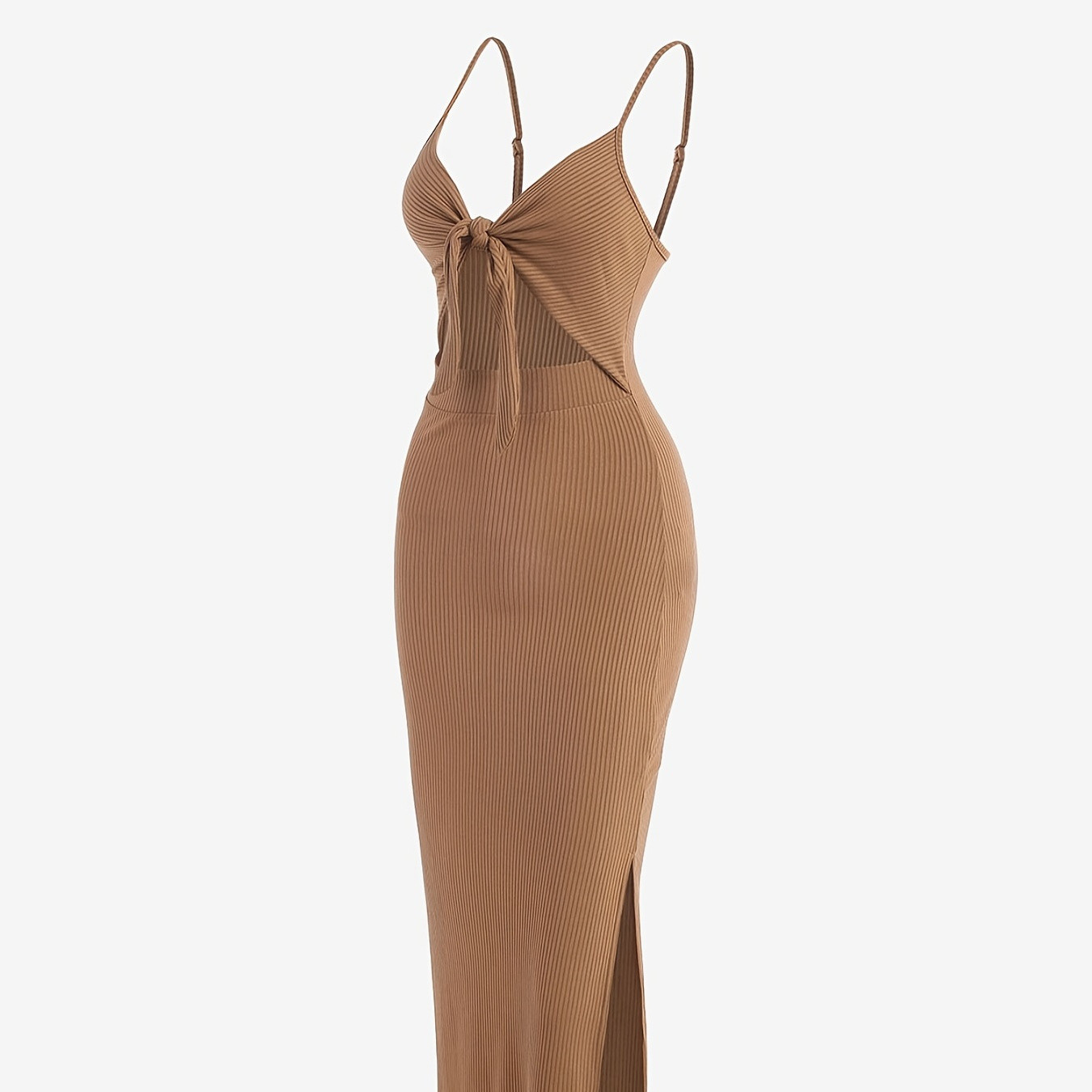 Sexy Spaghetti Strap Ribbed Knot Cutout Side Split Maxi Dress, Solid Body-con Dress For Spring & Fal | Temu Affiliate Program