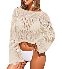 Womens Crochet Swimsuit Coverup Cropped Tops Summer 2025 Off Shoulder Beach Bathing Suit Cover Up... | Amazon (US)