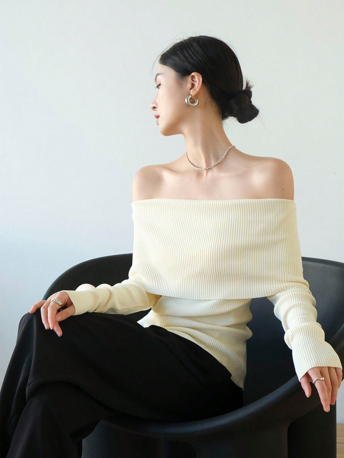 Vintage One Shoulder Design Fitted Knit Sweater With High Neckline And Long Sleeves For Women | SHEIN
